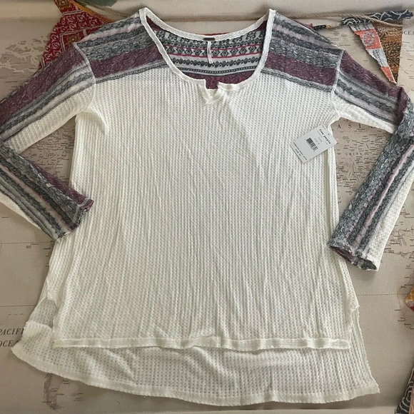 🆕Free People Waffle Knit Thermal Contrast Yoke Size Medium NWT 128$ - Picture 1 of 7